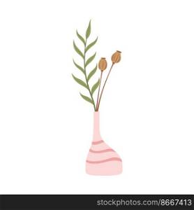 Striped scandinavian vase with summer or spring flowers, interior design element. Vector herbal plants in jug, bouquet of natural plants. Scandinavian striped vase, flowers for interior