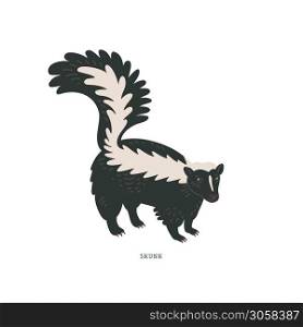 Striped skunk. Common skunk or Mephitis mephitis - North American animal with white markings along the back and tail, and scent glands to ward off predators. Simple Colorful vector illustration in flat cartoon style on white background.. Striped skunk. Common skunk or Mephitis mephitis - North American animal with white markings along the back and tail, and scent glands to ward off predators.