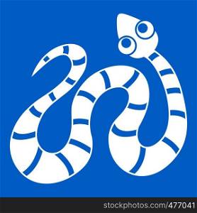 Striped snake icon white isolated on blue background vector illustration. Striped snake icon white