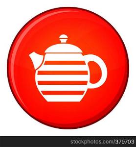 Striped teapot icon in red circle isolated on white background vector illustration. Striped teapot icon, flat style