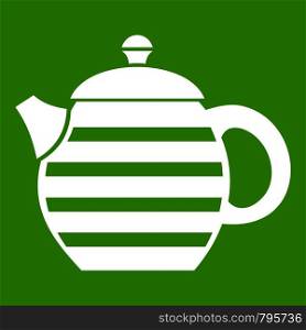 Striped teapot icon white isolated on green background. Vector illustration. Striped teapot icon green