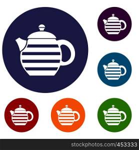 Striped teapot icons set in flat circle reb, blue and green color for web. Striped teapot icons set