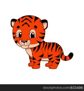 Striped tiger. Cute character. Colorful vector illustration. Cartoon style. Isolated on white background. Design element. Template for your design, books, stickers, cards, posters, clothes.