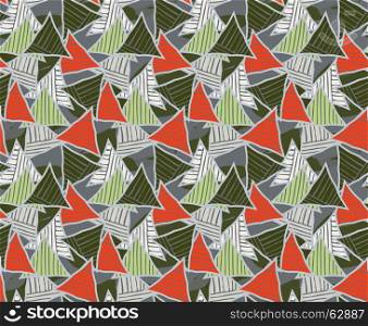 Striped triangles on green overlapping.Hand drawn with ink seamless background.Creative handmade repainting design for fabric or textile.Geometric pattern with triangles.Vintage retro colors