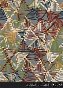 Striped triangles on green overlay.Hand drawn with ink seamless background.Creative handmade repainting design for fabric or textile.Geometric pattern with triangles.Vintage retro colors