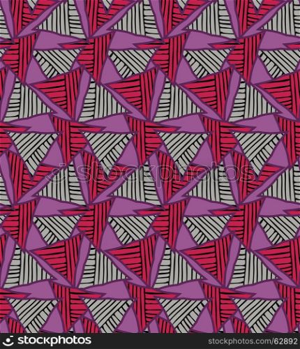 Striped triangles on purple.Hand drawn with ink seamless background.Creative handmade repainting design for fabric or textile.Geometric pattern with triangles.Vintage retro colors