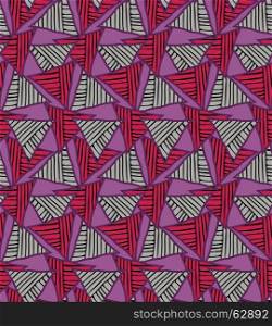Striped triangles on purple.Hand drawn with ink seamless background.Creative handmade repainting design for fabric or textile.Geometric pattern with triangles.Vintage retro colors