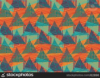 Striped triangles orange blue overlay.Hand drawn with ink seamless background.Creative handmade repainting design for fabric or textile.Geometric pattern with triangles.Vintage retro colors