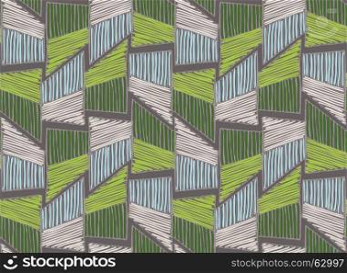 Striped triangular shapes green.Hand drawn with ink and marker seamless background.Creative handmade repainting design for fabric or textile.Geometric pattern with triangles.Vintage retro colors