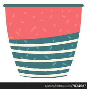 Striped vase isolated on white. Crockery decorative jar with waves ornament, color pot in flat style design, ceramic flowerpot. Handmade items from clay. Vase for flowers. Vector illustration. Green Striped Vase Isolated on White Vector Image