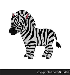 Striped zebra. Cute character. Colorful vector illustration. Cartoon style. Isolated on white background. Design element. Template for your design, books, stickers, cards, posters, clothes.