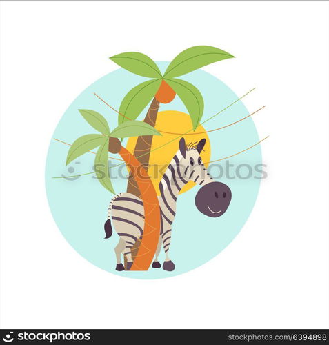 Striped Zebra stith under the palm trees. The African animals. Vector illustration. Isolated on a white background.