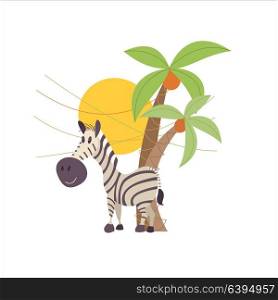 Striped Zebra stith under the palm trees. The African animals. Vector illustration. Isolated on a white background.