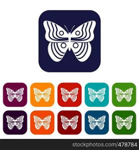 Stripped butterfly icons set vector illustration in flat style in colors red, blue, green, and other. Stripped butterfly icons set