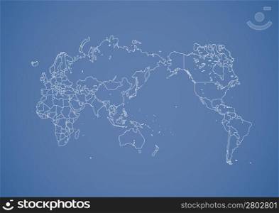 Stroked world map illustration with nation borders on a gradient background.