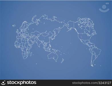 Stroked world map illustration with nation borders on a gradient background.