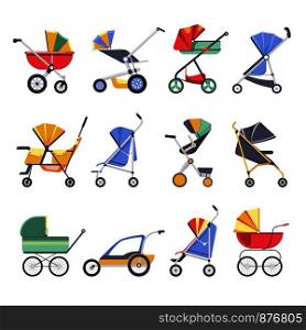 Stroller or baby pram different model types vector icons of newborn buggy with hood. Stroller or baby pram models vector icons