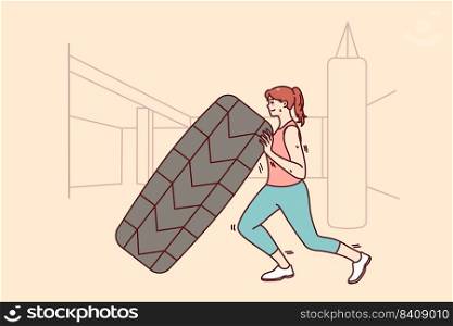 Strong active woman in sportswear training in gym for better body shape. Female athlete exercising in fitness studio. Workout and sport concept. Vector illustration.. Active woman training in gym