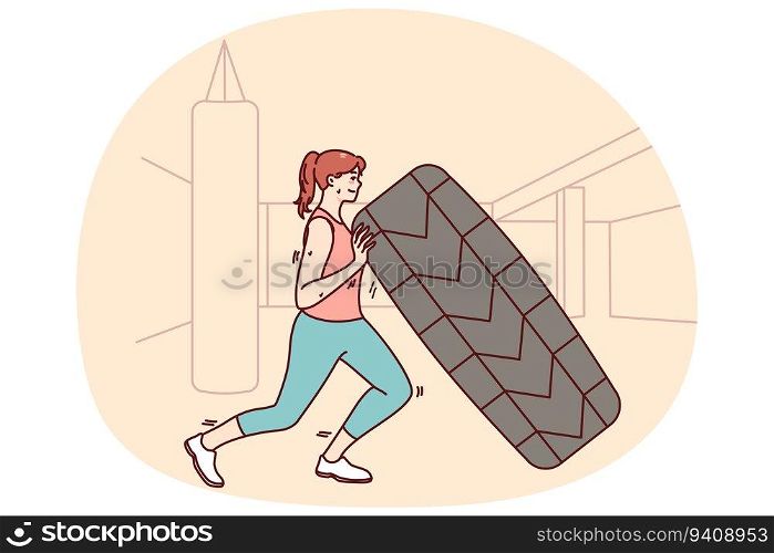 Strong active woman in sportswear training in gym for better body shape. Female athlete exercising in fitness studio. Workout and sport concept. Vector illustration.. Active woman training in gym