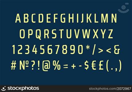 Strong alphabet set for dark theme. Vector decorative typography. Decorative typeset style. Latin script for headers. Trendy letters and numbers for graphic posters, banners, invitations texts. Strong alphabet set for dark theme