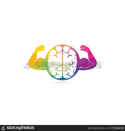 Strong brain vector logo design. Brain, intellect power. Willpower concept. high IQ concept. Brain with strong double biceps. Vector illustration.