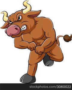 Strong brown bull cartoon character