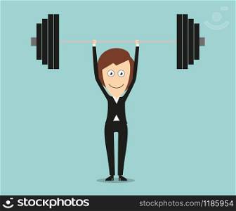 Strong business woman in elegant black suit lifting a barbell above head for achievements in business concept design. Cartoon flat style. Elegant business woman lifting barbell above head