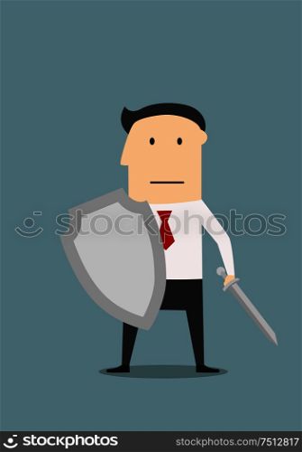 Strong businessman with medieval sword and shield, protects business from risks or business confrontation. Cartoon style
