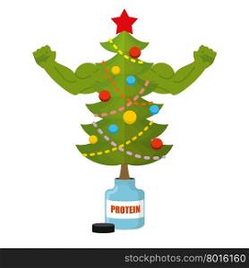 Strong Christmas tree. Bodybuilder Tree athlete with big muscles. Festive tree Bank protein. Sports nutrition and new year. Decorated Christmas tree on steroids. Sports tree for winter holiday