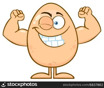 Strong Egg Cartoon Mascot Character Winking And Showing Muscle Arms. Illustration Isolated On White Background
