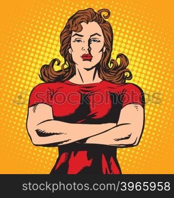 Strong female bodyguard athlete pop art retro vector. Strong girl. A female security guard. The power of women. Feminism. Strong female bodyguard athlete