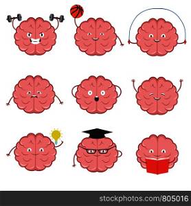 Strong, healthy, sports and smart brain vector cartoon characters set. Sport brain, workout and fitness exercise, intelligence mind train illustration. Strong, healthy, sports and smart brain vector cartoon characters set