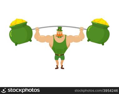Strong leprechaun holds barbell and pot of full gold. Sports for Santa with Red Beard. Wealth of gold coins to impose for rod. Powerful leprechaun in green sports suit. character for St. Patrick&rsquo;s day in Ireland&#xA;