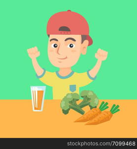 Strong little caucasian boy showing his muscles while sitting at the table with a glass of fresh carrot juice. Concept of healthy nutrition for children. Vector cartoon illustration. Square layout.. Boy sitting at the table with fresh carrot juice.