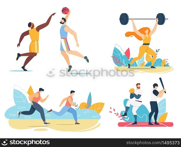 Strong Male and Female Athletes. Woman Exercising with Big Heavy Barbell. Men Team Playing Basketball, Baseball Games. Sportsmen Group Running Marathon. Flat Cartoon Set. Vector Illustration. Male Female Athlete Exercising Playing Games Set