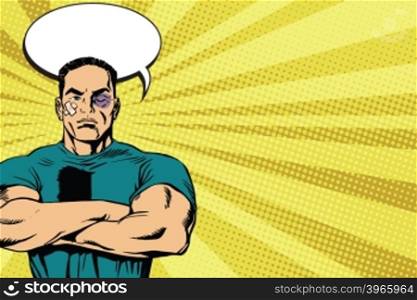 Strong man after a fight pop art retro vector. The bruises and abrasions. Boxer male. Fighter mixed martial arts sport. Strong man after a fight