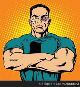 Strong man after a fight pop art retro vector. The bruises and abrasions. Boxer male. Fighter mixed martial arts sport. Strong man after a fight