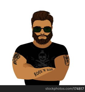 Strong man athlete illustration on white background. bearded hipster or biker with tattoo. Cartoon sportsman, male vector. . Strong man athlete illustration