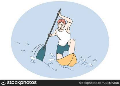Strong man athlete sailing in canoe. Sportsman in uniform rowing in ship or boat in competition. Water sport. Vector illustration.. Man sailing in canoe