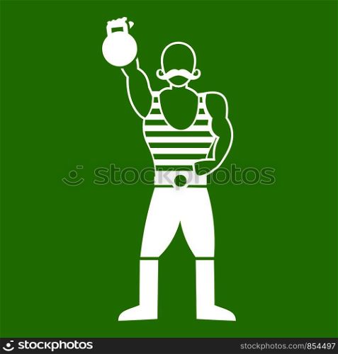 Strong man with kettlebell icon white isolated on green background. Vector illustration. Strong man with kettlebell icon green