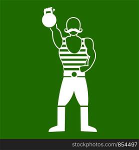 Strong man with kettlebell icon white isolated on green background. Vector illustration. Strong man with kettlebell icon green