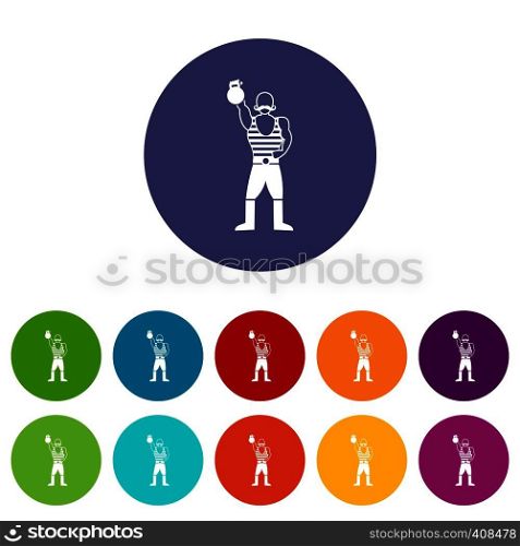 Strong man with kettlebell set icons in different colors isolated on white background. Strong man with kettlebell set icons