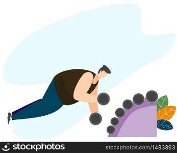Strong man working out with dumbbells in Fitness Gym. Athletic guy doing exercise with dumbbell in various pose in gym. Vector character design. Health and Medicine concept Vector Illustration.