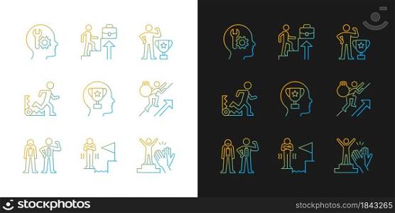 Strong motivation gradient icons set for dark and light mode. Desire for recognition and approval. Thin line contour symbols bundle. Isolated vector outline illustrations collection on black and white. Strong motivation gradient icons set for dark and light mode