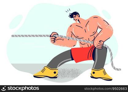 Strong muscular man pulls rope to defeat rivals in strongman sports competitions. Strong guy with abs and muscles is doing fitness and training to win competition among bodybuilders. Strong muscular man pulls rope to defeat rivals in strongman sports competitions