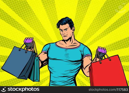 strong muscular man with bags on sale. Pop art retro vector illustration vintage kitsch drawing. strong muscular man with bags on sale