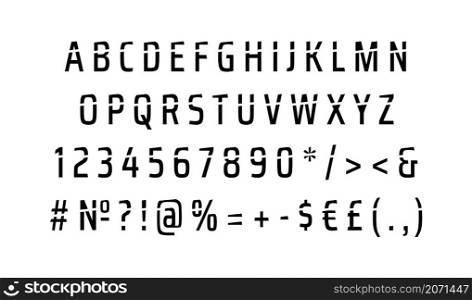 Strong official cut style alphabet set. Vector decorative typography. Decorative typeset style. Latin script for headers. Trendy letters and numbers for graphic posters, banners, invitations texts. Strong official cut style alphabet set