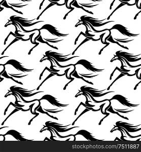 Strong racing horses black outline seamless pattern on white background for wallpaper or equestrian sport themes. Racing horses outline seamless pattern