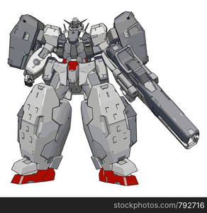 Strong robot with big gun, illustration, vector on white background.