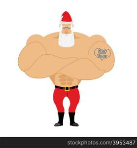 Strong Santa Claus. Santa with big muscles. Old bodybuilder with tattoo. Athlete old man in red shorts and Cap.&#xA;